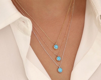 14k Gold Blue Opal Necklace | Opal Gemstone Pendant | Minimal and Elegant Gold Necklace | Anniversary Valentine Gift October Birthstone