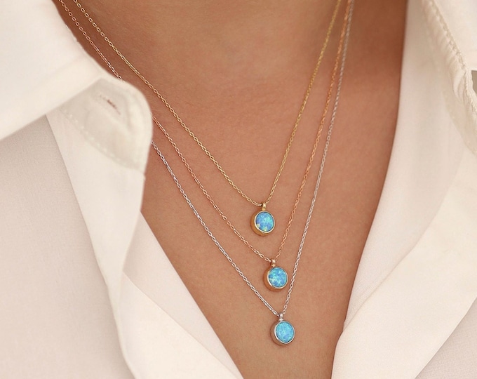 14k Gold Blue Opal Necklace | Opal Gemstone Pendant | Minimal and Elegant Gold Necklace | Anniversary Valentine Gift October Birthstone