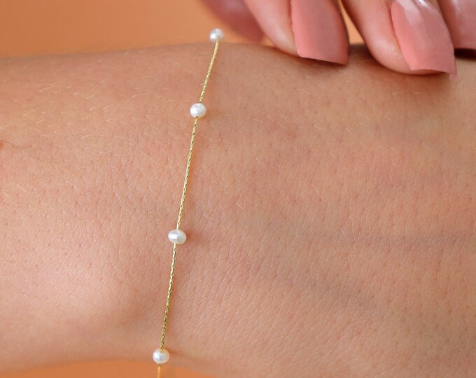 14k Gold White Pearl Beaded Bracelet | AAA Quality Pearl Handmade Jewelry, Calmness Gemstone, Increase Facial Charm, Back to School Gifting
