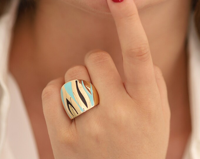 14k Gold Blue Black Dome Ring | Bold Striped Wide Band