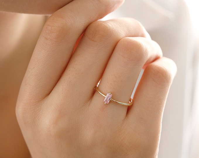 14k Gold Pink Zircon Ring | Dainty Baguette Stackable Minimalist Jewelry Gift