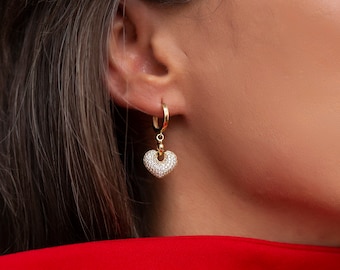 14k Gold Heart Earrings | Puffy Dangle Heart with English Lock, Valentine Jewelry