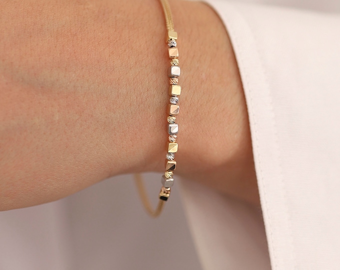 Cubic Design Italian Mesh Chain Bracelet | Round Straw Braided 14k Gold Chain Bracelet w/ Yellow, Rose, White Gold Ball Beads, Gift for Her