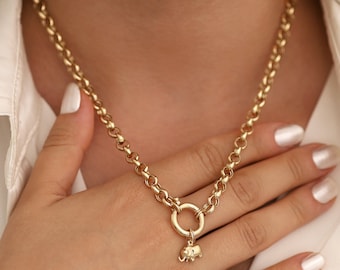 14k Gold Charm Rolo Necklace | Belcher Chain with Heart, Key, Padlock & Star
