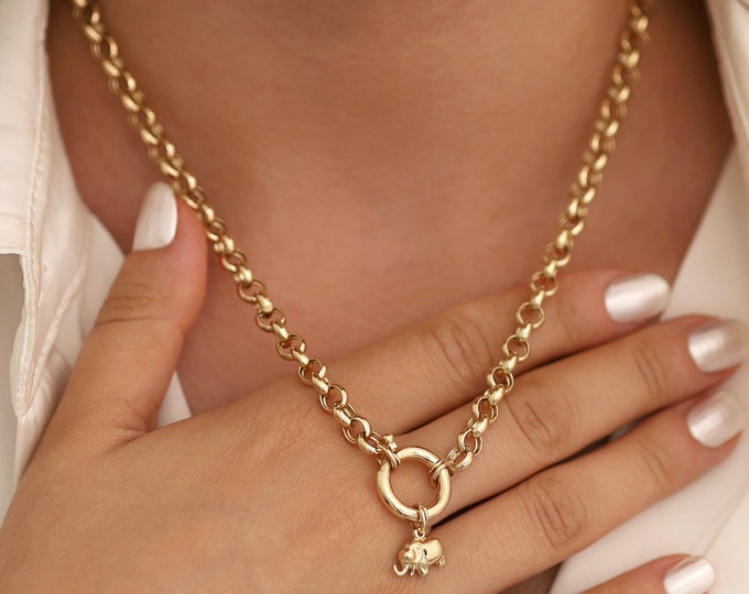 14k Gold Rolo Chain Charm Necklace | Thick Belcher Chain, Sailor Clasp with Heart, Key, Padlock, Moon and Star, Clover Charms, Gift for Her