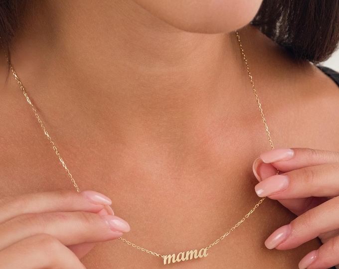 10k & 14k Gold Mama Necklace | Minimalist Script Mom Nameplate Necklace | New Mom Gift, Gift for Mother, Gift for Wife, Mother's Day Gift