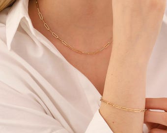 14k Gold Long Paperclip Chain | 3mm–6mm Elongated Link Bracelet or Necklace