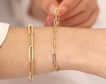 14k Gold Elongated Paperclip Bracelet | 6mm Rectangle Chain, Unisex Layering Bracelet