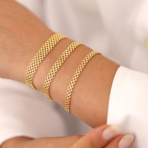 14k Gold Bismarck Chain Bracelet | 4mm Mesh Chain Bracelet, Retro Italian Mesh Chain Bracelet, Vintage Look Chain Jewelry, Anniversary Gift