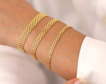 14k Gold Bismarck Chain Bracelet | 4mm Mesh Chain Bracelet, Retro Italian Mesh Chain Bracelet, Vintage Look Chain Jewelry, Anniversary Gift