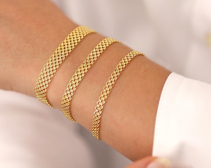14k Gold Bismarck Chain Bracelet | 4mm Mesh Chain Bracelet, Retro Italian Mesh Chain Bracelet, Vintage Look Chain Jewelry, Anniversary Gift