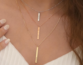 14k Gold Vertical Bar Necklace | Engraved Personalized Name Pendant