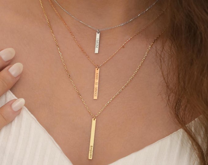 Gold Vertical Personalized Bar Necklace | 10k&14k Engraved Name, Icon Necklace, Simple Gift Idea, Personal Gift, Gift for Children and Kids