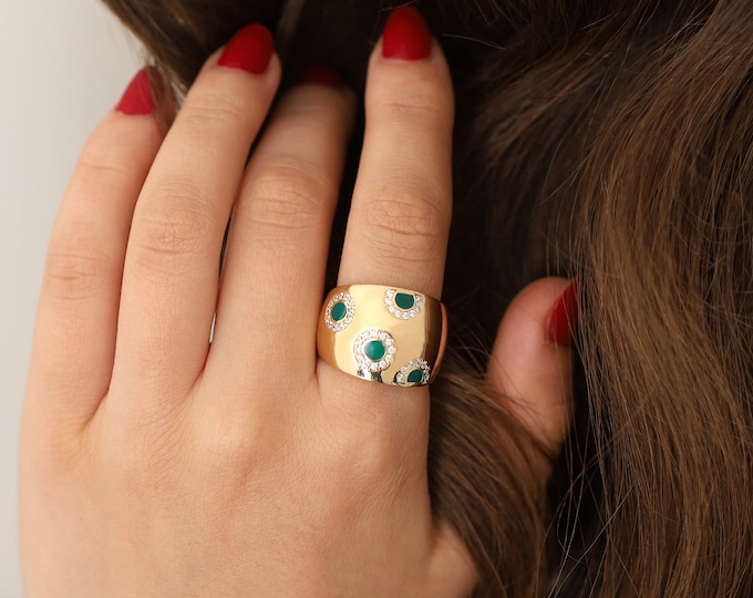 14k Gold Green Floral Dome Ring | Daisy Inspired Statement Band