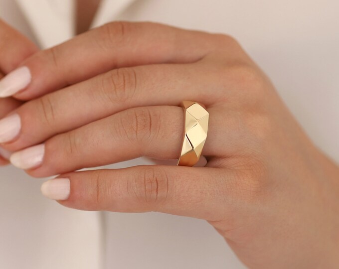14k Gold Geometric Thick Statement Ring | Ribbed Textured Wide Band