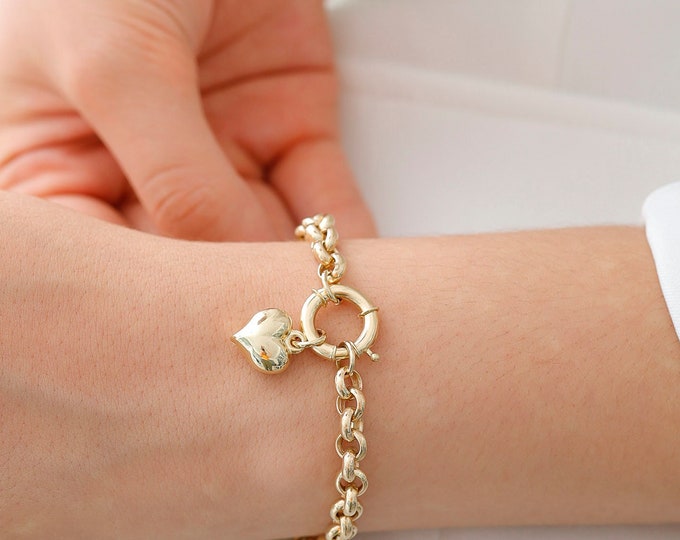 14k Gold Rolo Link Heart Charm Bracelet | Handmade Jewelry, Rolo Link Chain w/Charm, Thick Jewelry, Heart Shaped Bracelet, Anniversary Gift
