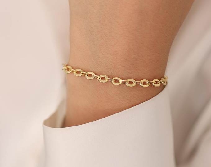 14k Gold 4mm Oval Cable Chain Bracelet | Flat Oval Cable Chain, Dainty Chain Bracelet, Elegant Gold Jewelry, Birthday Gift, Gift for Women