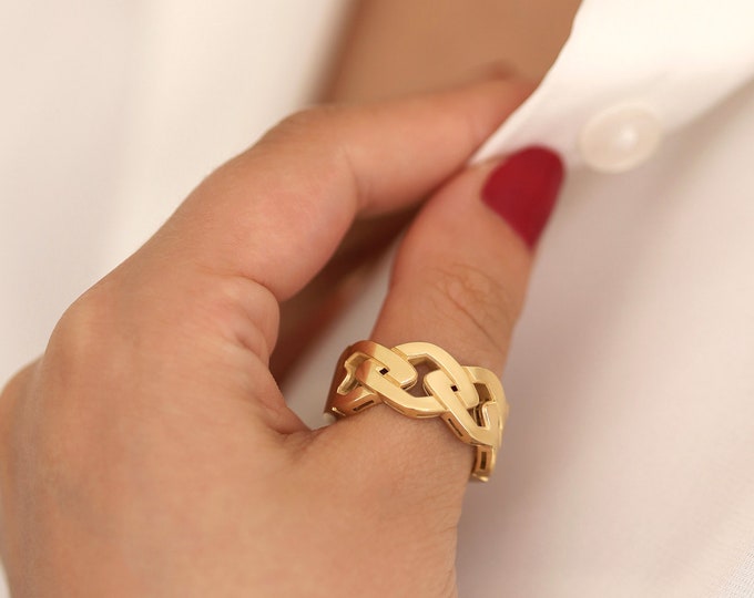 14k Gold Chunky Chain Ring | Thick Quadrangle Link Statement Band, Bold Dome Ring
