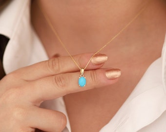 14k Gold Turquoise Necklace | Natural Gemstone Beaded Minimalist Pendant Jewelry