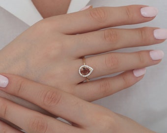 14K Gold Diaspore Drop Shaped Ring | Turkish Diaspore Stone Ring, Zodiac Ring, Turkish Gemstone, Pisces Birthstone Jewelry, Gift for Her