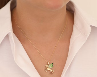 14k Gold Pegasus Necklace | Enamel Horse with Wings Pendant