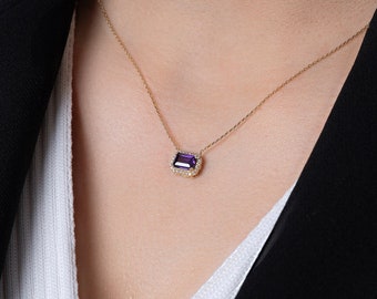 14k Gold Amethyst Necklace | Baguette Cut Purple Gemstone Dainty Pendant