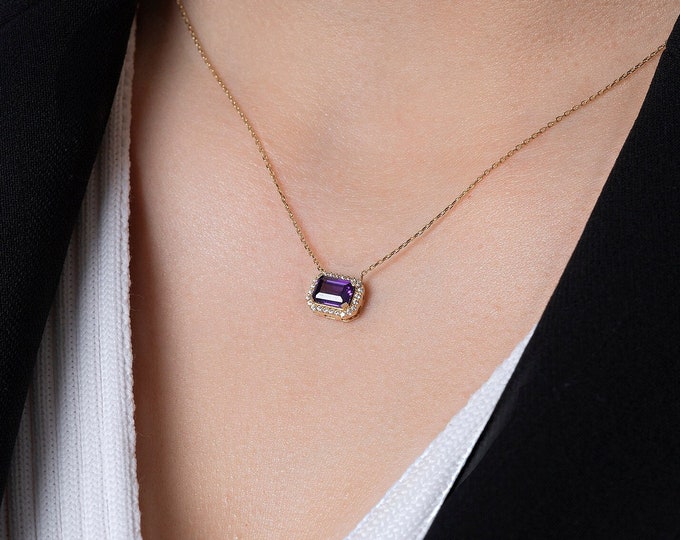 14k Gold Amethyst Necklace | Dainty Purple Gemstone Pendant, Baguette Cut Bridesmaid Necklace, Handmade Jewelry, Anniversary Gift