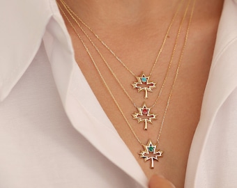 14k Gold Maple Leaf Necklace | Blue Enamel Canadian Leaf Nature Pendant Jewelry