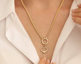 14k Gold Popcorn Chain Necklace | Heart Charm Mesh Woven Tubular Pendant