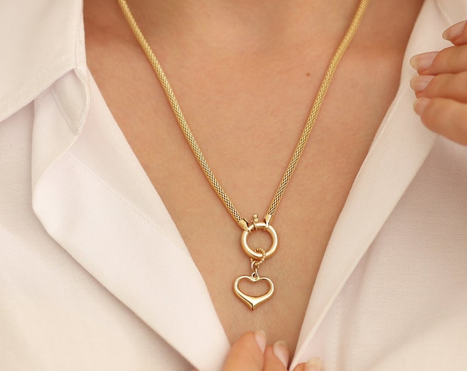 14k Gold Heart Charm Popcorn Chain Necklace | Round Mesh Woven Tubular Chain, Popcorn Necklace with Heart, Gold Charm Chain, Birthday Gift