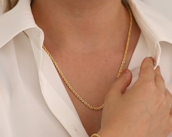 14k Gold Rope Chain Necklace | 3mm Twisted Thin Elegant Unisex Retro Jewelry