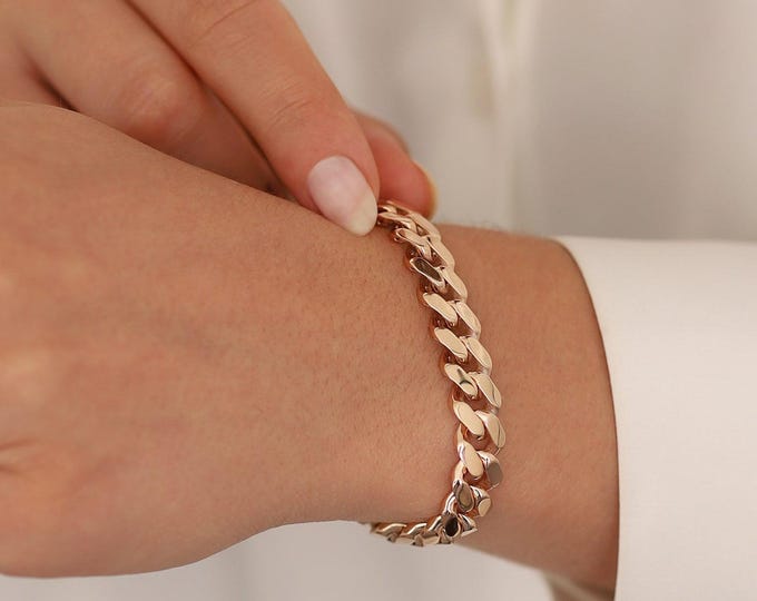 14k Gold Heavy Cuban Chain Bracelet | 9mm Thick Curb Chain, Unisex Miami Chain, Chunky Jewelry, Anniversary Gift, Gift for Her, Gift for Him