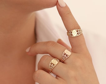 14K Gold Engravable Vintage Name Ring | Personalized Initial Stacking Ring, Ornament Carved Statement Ring, Minimalist Jewelry, Gift for Her