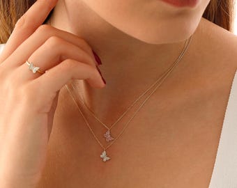 14k Gold Blue Enamel Butterfly Necklace | Dainty Minimal Butterfly Pendant