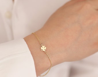14k Gold Clover Bracelet | Four Leaf Shamrock Charm Bracelet, Lucky Dainty Jewelry