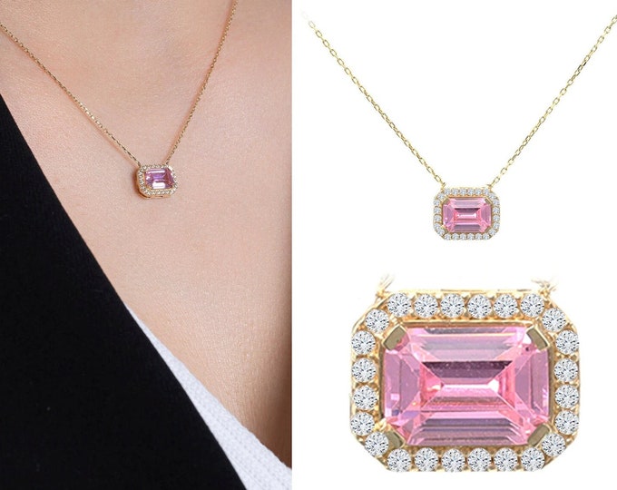 14k Gold Pink Baguette Cut Necklace | Pink Tourmaline CZ Gemstone Pendant, Handmade Jewelry, Bridesmaid Gift Pink Jewelry, Birthday Gift