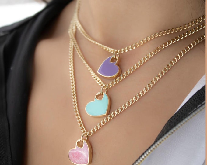Red Heart Necklace | 14k Gold Curb Chain Charm Necklace with Heart Enamel, Dainty Jewelry, Anniversary Gift, Valentine's Day Gift for Her