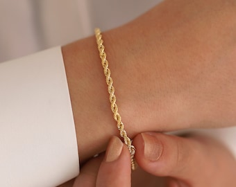 14k Gold Rope Chain Bracelet | 3mm Vintage Twisted Unisex Layering Chain