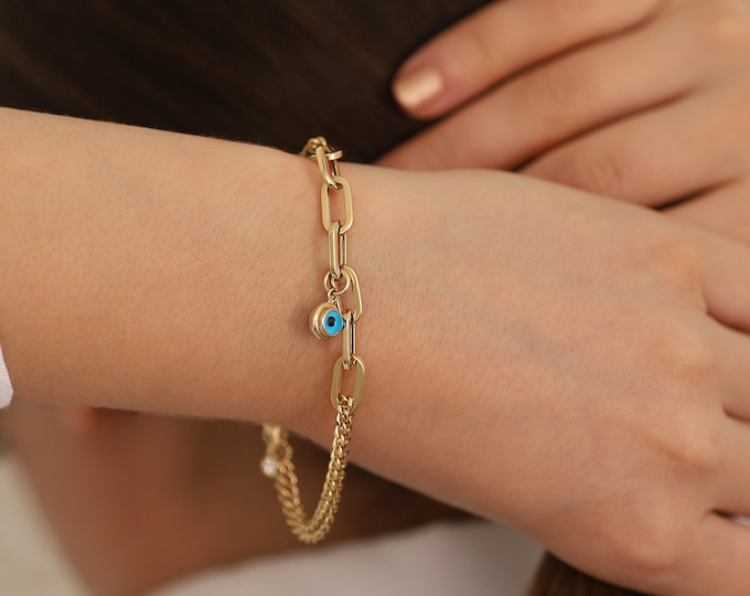 14k Gold Oval Paperclip & Double Curb Chain Bracelet | Handmade Evil Eye Talisman Charm Bracelet, Anniversary Gift For Women, Gift for Her