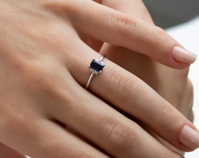 8k Gold Sapphire Square Ring | Emerald Cut Blue Gemstone Paved Diamond