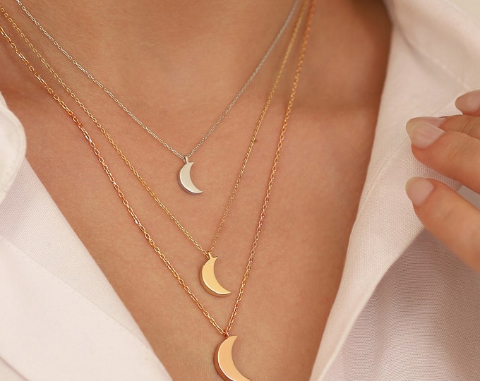 14k Gold Crescent Moon Necklace | 10k Gold Moon Pendant, Dainty Moon Necklace, Layering Necklace, Celestial Jewelry, Gift for Graduation
