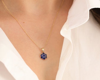 14k Gold Sapphire Hexagon Flower Pendant | Honeycomb September Birthstone Jewelry