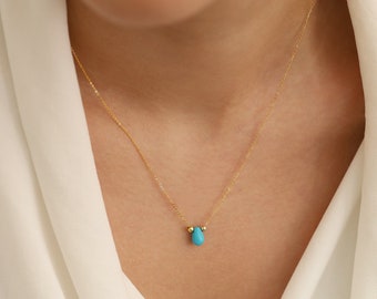 14k Gold Turquoise Teardrop Necklace | Blue Gemstone Pendant, December Birthstone