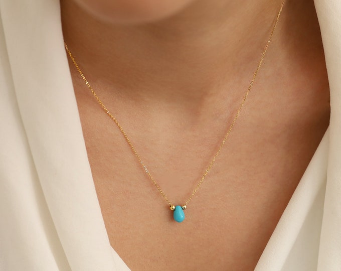 Turquoise Gem Teardrop Necklace | Drop Shaped Minimal Necklace with Gold Beads | Healing Crystal December Birthstone | Valentine's Day Gift