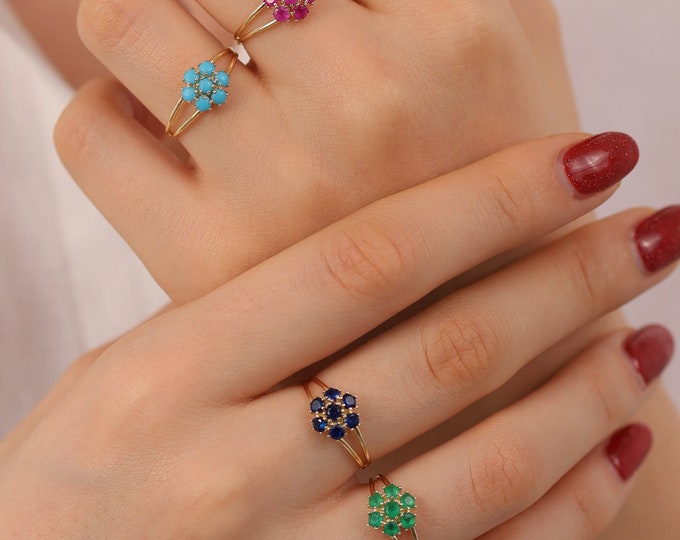 14k Gold Emerald Hexagon Flower Ring | Handmade Jewelry, Wedding Jewelry Set, May Birthstone, Dainty Emerald Gemstone Ring, Anniversary Gift