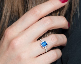 14k Gold Sapphire Proposal Ring | Emerald Cut Blue Gem Cluster Setting