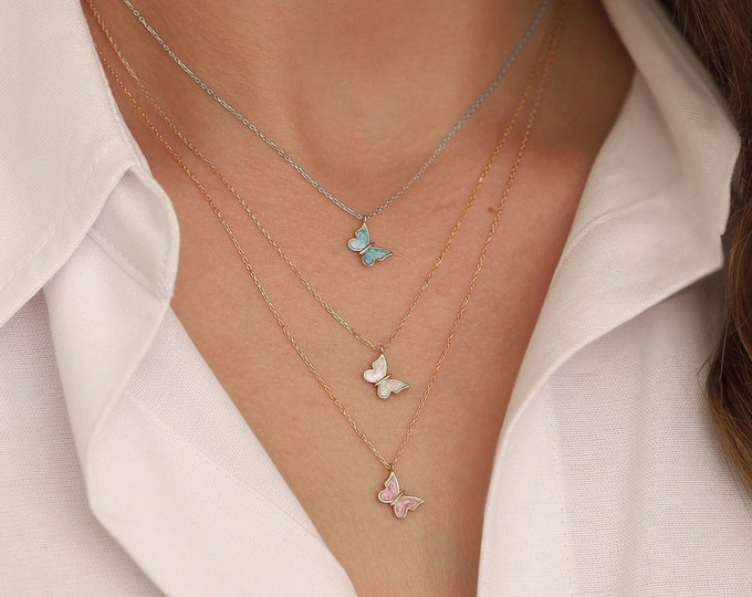 Blue Butterfly Necklace | 14k Gold Minimal Blue Enamel Butterfly Pendant, Dainty Colorful Butterfly Charm, Gift for Children, Gift for Her