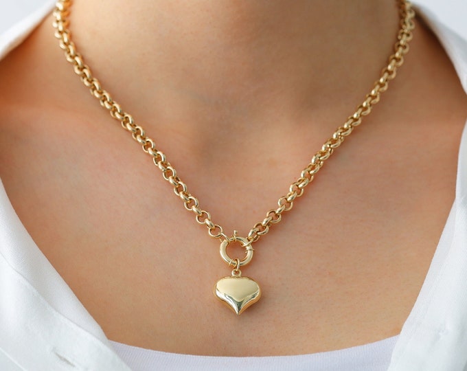 14k Gold Rolo Link Necklace with Heart Charm | Thick Belcher Chain Gold Necklace, Sailor Lock Clasp, Puffy Heart Charm | Gift for Her