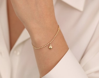 14k Gold Heart Charm Bracelet | Puffy Pendant Beaded Ball Chain Jewelry