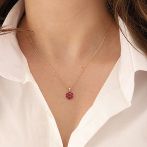 14k Gold Ruby Necklace | Hexagon Honeycomb Flower Red Ruby July Birthstone Pendant